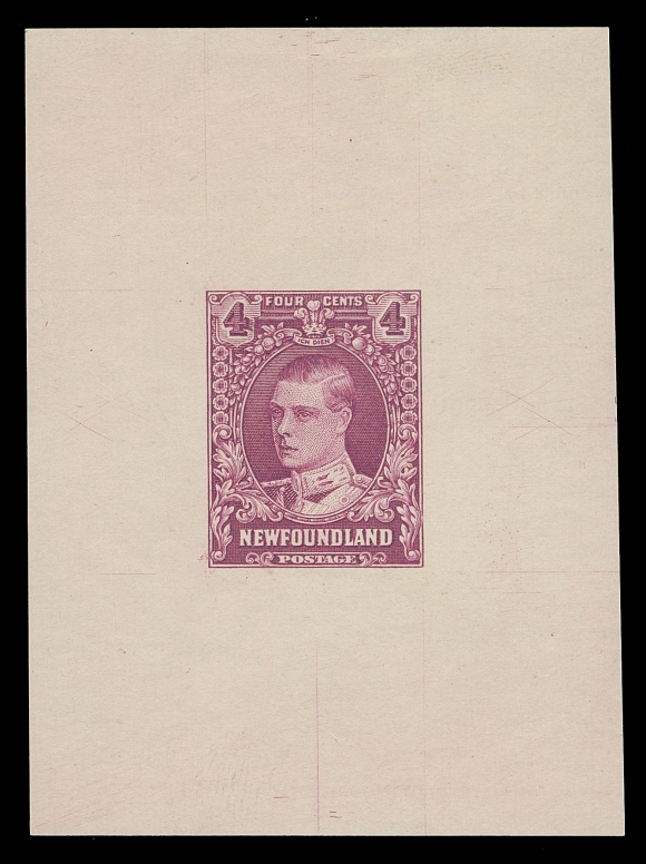 THE AFAB COLLECTION - NEWFOUNDLAND 1897-1947 ISSUES  166,Perkins Bacon Die Proof in magenta, colour of issue, on white wove unwatermarked paper 52 x 71mm; the approval state of the die without guideline and die number; a beautiful and scarce proof, VF