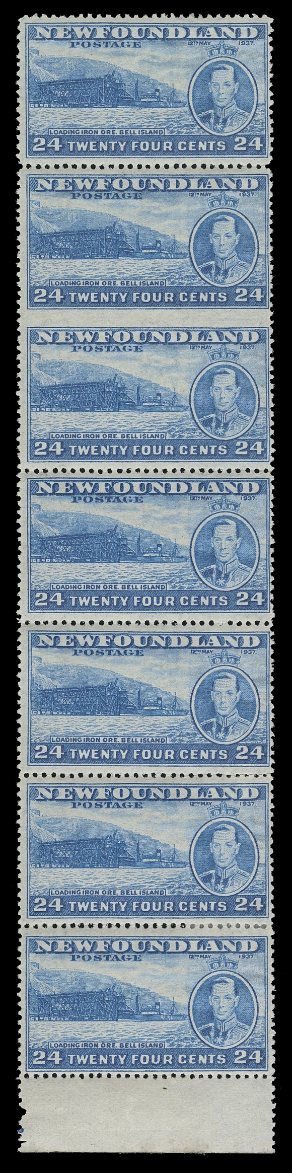 THE AFAB COLLECTION - NEWFOUNDLAND 1897-1947 ISSUES  241a,Mint vertical strip of seven with margin at foot, IMPERFORATE HORIZONTALLY between second and third stamps in error, top stamp and lower pair LH, the key imperforate between pair is NH, Fine and rare
