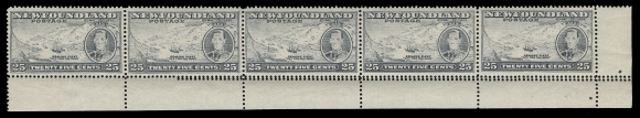 THE AFAB COLLECTION - NEWFOUNDLAND 1897-1947 ISSUES  242, i, variety,Lower right marginal mint strip of five, unusual extra line of horizontal perforations starting from right-half of second stamp to right of last stamp. Second stamp (Pos. 97) shows listed Re-entry plate variety, VF NH