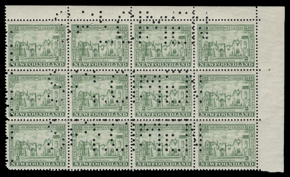THE AFAB COLLECTION - NEWFOUNDLAND 1897-1947 ISSUES  213iv,A visually striking and unusually choice mint corner block of twelve showing three full impressions of the large perforated SPECIMEN horizontally in upright position, very scarce and perhaps the largest remaining block, VF NH
