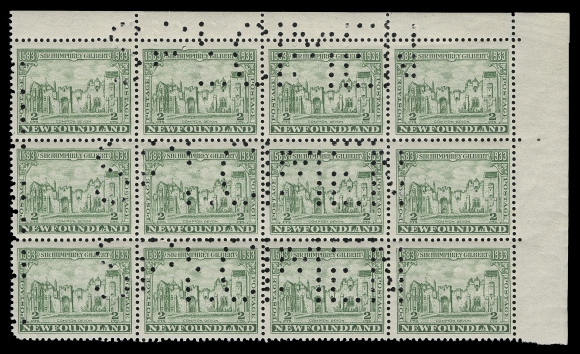 THE AFAB COLLECTION - NEWFOUNDLAND 1897-1947 ISSUES 213iv,A visually striking and unusually choice mint corner block of twelve showing three full impressions of the large perforated SPECIMEN horizontally in upright position, very scarce and perhaps the largest remaining block, VF NH
