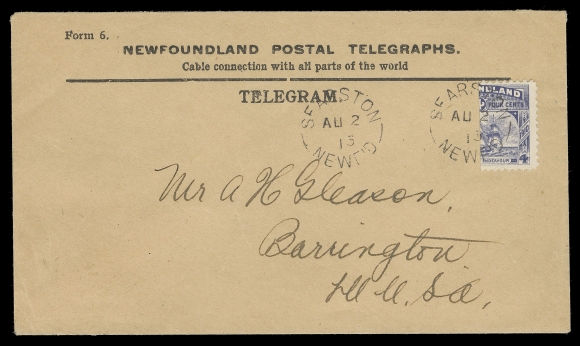 THE AFAB COLLECTION - NEWFOUNDLAND 1897-1947 ISSUES  1913 (August 2) Newfoundland Postal Telegraphs imprint stationery envelope bearing a vertical bisect of the 4c dull violet paying the 2 cent rate to the US, neatly tied by Searston split ring dispatch, second clear strike at left. The first such bisect we recall seeing and no doubt very rare, VF (Unitrade 90 variety)