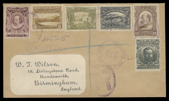 THE AFAB COLLECTION - NEWFOUNDLAND 1897-1947 ISSUES  1911 (March 24) W.J. Wilson cover bearing a complete set of John Guy engraved issues tied by light "R" registration handstamps in violet, same ink double-ring St. John