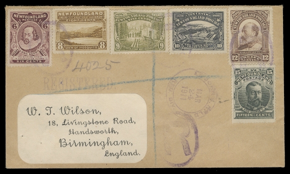 THE AFAB COLLECTION - NEWFOUNDLAND 1897-1947 ISSUES 1911 (March 24) W.J. Wilson cover bearing a complete set of John Guy engraved issues tied by light "R" registration handstamps in violet, same ink double-ring St. John
