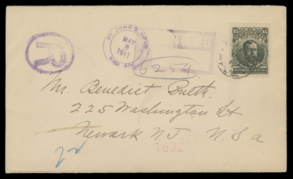 THE AFAB COLLECTION - NEWFOUNDLAND 1897-1947 ISSUES  1911 (May 2) Clean cover mailed registered from St. John
