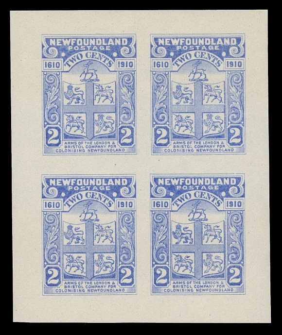 THE AFAB COLLECTION - NEWFOUNDLAND 1897-1947 ISSUES  87-95,An exceptional complete set of nine Whitehead & Morris sheetlets of four (the 12c & 15c do not exist in this format). ALL PRINTED IN BLUE on stamp paper with full original gum, NEVER HINGED, light diagonal crease on one cent. As far as we know (and according to Robert H. Pratt) this is THE ONLY ASSEMBLED SET OF SHEETLETS PRINTED IN THE SAME COLOUR. A glorious set, VF NH (Unitrade cat. $13,500)