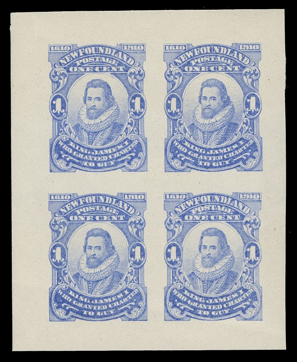 THE AFAB COLLECTION - NEWFOUNDLAND 1897-1947 ISSUES  87-95,An exceptional complete set of nine Whitehead & Morris sheetlets of four (the 12c & 15c do not exist in this format). ALL PRINTED IN BLUE on stamp paper with full original gum, NEVER HINGED, light diagonal crease on one cent. As far as we know (and according to Robert H. Pratt) this is THE ONLY ASSEMBLED SET OF SHEETLETS PRINTED IN THE SAME COLOUR. A glorious set, VF NH (Unitrade cat. $13,500)