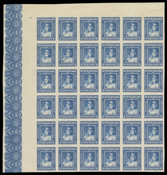 THE AFAB COLLECTION - NEWFOUNDLAND 1897-1947 ISSUES  247,A spectacular plate proof block of thirty-six in deep blue, near issued colour, on bond unwatermarked paper, plate "2" number at top left and unusually strong, full lathework along left margin; couple negligible wrinkles. A great showpiece and a one-of-a-kind item, VF