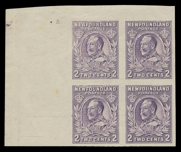 THE AFAB COLLECTION - NEWFOUNDLAND 1897-1947 ISSUES  186,Upper left trial colour plate "2" proof block printed in violet on white wove unwatermarked paper, couple light creases and negligible tone spots quite insignificant for this very rare (if not unique) plate number block, VF
