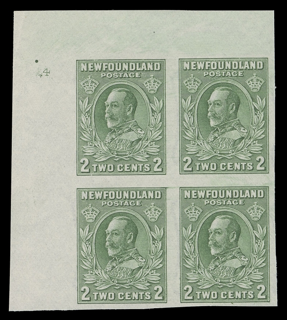 THE AFAB COLLECTION - NEWFOUNDLAND 1897-1947 ISSUES  186iii,Upper left imperforate plate "4" block of four, ungummed as issued, fresh and VF