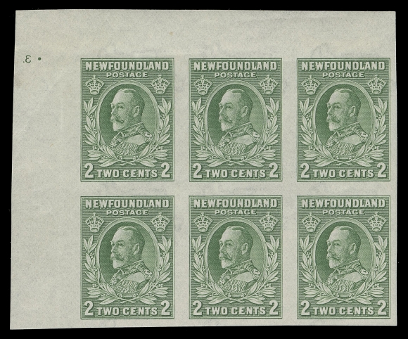 THE AFAB COLLECTION - NEWFOUNDLAND 1897-1947 ISSUES  186c,A mint upper left imperforate block of six with Plate "3" (reversed), lightly hinged in top margin only, very scarce, VF