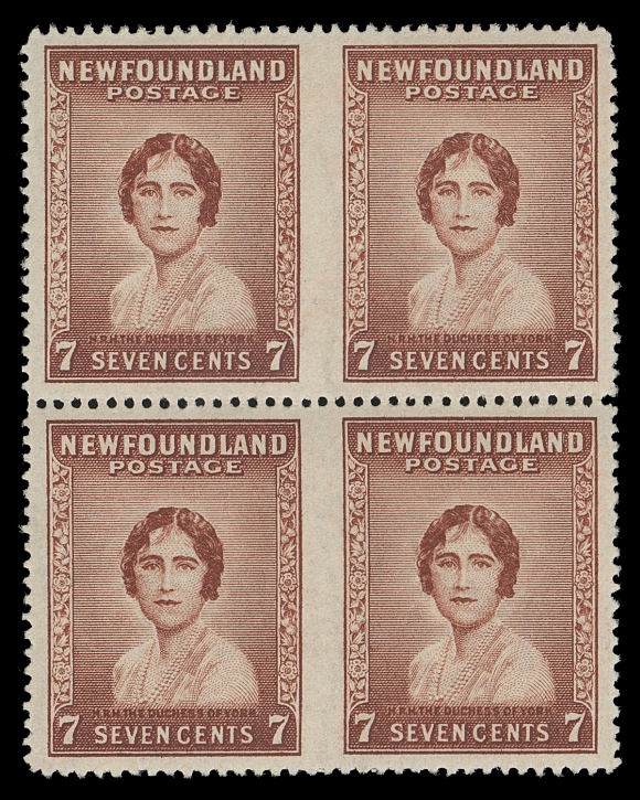 THE AFAB COLLECTION - NEWFOUNDLAND 1897-1947 ISSUES  208b,A choice well centered mint block imperforate vertically between pairs, brilliant fresh colour, the lower pair is NH, very scarce, VF LH