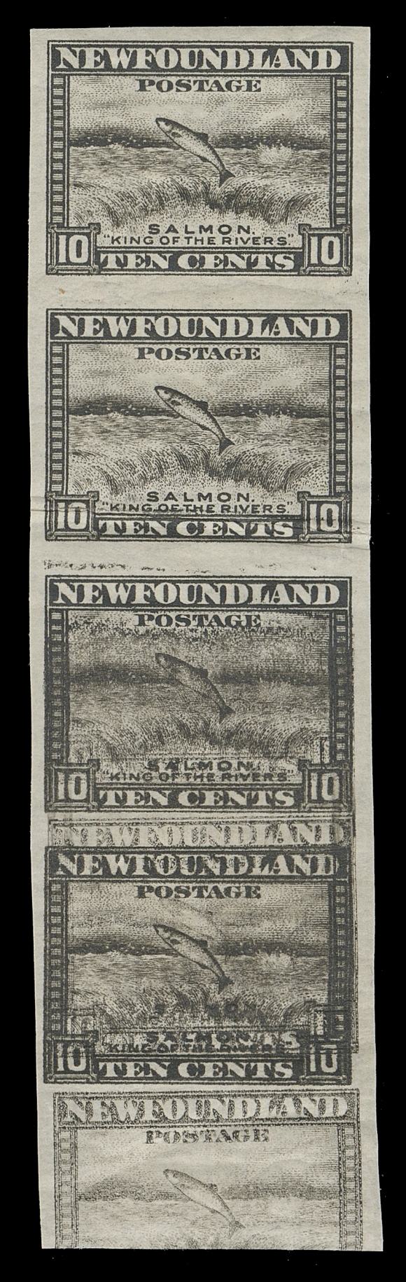THE AFAB COLLECTION - NEWFOUNDLAND 1897-1947 ISSUES  193iii,Mint vertical imperforate strip of four with margin at foot, showing a dramatic double printing error on bottom pair and lower margin, horizontal paper fold running through foot of second stamp (likely the cause of this remarkable printing error), the important lower pair is in choice VF NH condition