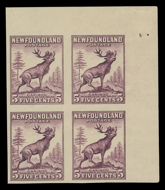 THE AFAB COLLECTION - NEWFOUNDLAND 1897-1947 ISSUES  191,Upper right plate proof block with small plate "5" number, on yellowish Bookend paper showing security "moiré" lines on back, very scarce, VF