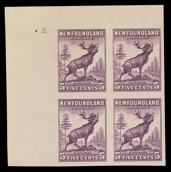 THE AFAB COLLECTION - NEWFOUNDLAND 1897-1947 ISSUES  191,Upper left plate number "2" (reversed) proof block on thick bond unwatermarked paper, superb and very scarce, XF
