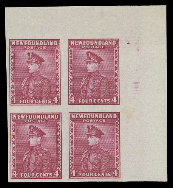 THE AFAB COLLECTION - NEWFOUNDLAND 1897-1947 ISSUES  189ai,Upper left plate "2" (reversed) and upper right plate "4" imperforate blocks, light bend on former, negligible toning spot on latter, in distinctively different shades, ungummed as issued, a scarce duo, VF
