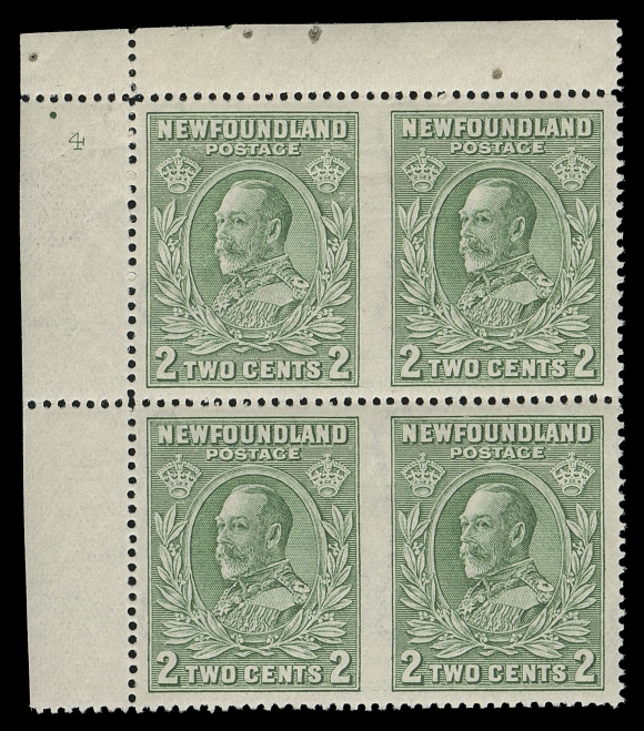 THE AFAB COLLECTION - NEWFOUNDLAND 1897-1947 ISSUES  186d,An impressive mint upper left plate 4 block imperforate vertically between pairs; hinge and staple holes in top margin only, a rare part perforated plate block, both pairs are VF NH
