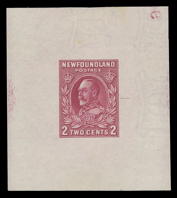 THE AFAB COLLECTION - NEWFOUNDLAND 1897-1947 ISSUES  185,Die Proof in rose, colour of issue, on white wove watermarked paper 57 x 63mm; the final die with guideline at right and portion of albino reverse die number "967" at top right, VF