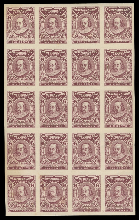 THE AFAB COLLECTION - NEWFOUNDLAND 1897-1947 ISSUES  92A, iii,A spectacular mint imperforate plate proof block of twenty on thicker paper displaying left portion of papermaker
