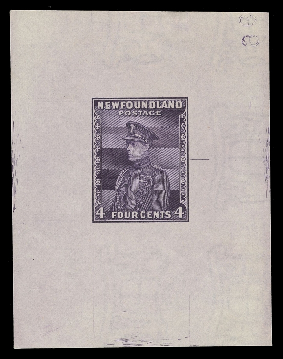 THE AFAB COLLECTION - NEWFOUNDLAND 1897-1947 ISSUES  188-189,Three Die Proofs printed in black, deep violet and rose lake on white wove watermarked paper, from the final die with guideline at right, last two show part of reverse albino die number "969", appealing and seldom seen, VF
