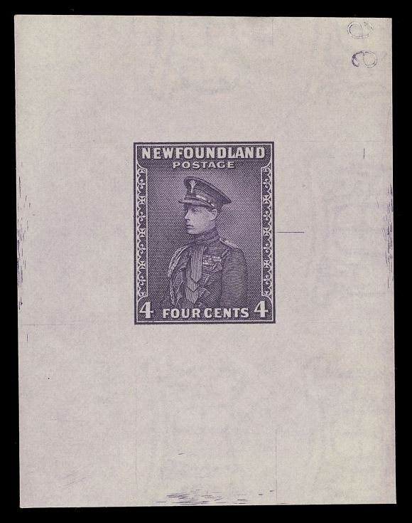 THE AFAB COLLECTION - NEWFOUNDLAND 1897-1947 ISSUES 188-189,Three Die Proofs printed in black, deep violet and rose lake on white wove watermarked paper, from the final die with guideline at right, last two show part of reverse albino die number "969", appealing and seldom seen, VF