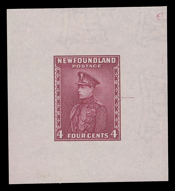 THE AFAB COLLECTION - NEWFOUNDLAND 1897-1947 ISSUES  188-189,Three Die Proofs printed in black, deep violet and rose lake on white wove watermarked paper, from the final die with guideline at right, last two show part of reverse albino die number "969", appealing and seldom seen, VF