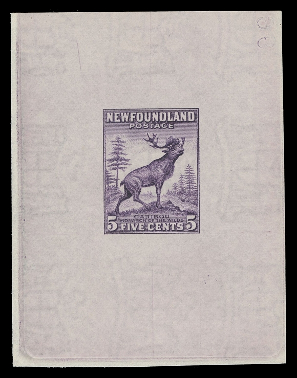 THE AFAB COLLECTION - NEWFOUNDLAND 1897-1947 ISSUES  191, 191a,Die Proofs of both dies printed in violet, colour of issue, on white wove watermarked paper measuring 59 x 76mm and 50 x 56mm, each portion of reverse albino die number ("960" and "1023" respectively), VF and scarce (Unitrade 191, 191a)