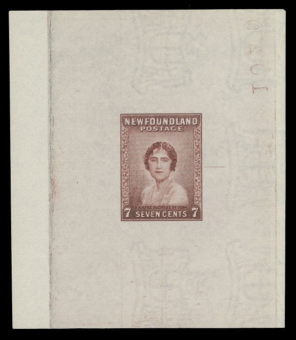 THE AFAB COLLECTION - NEWFOUNDLAND 1897-1947 ISSUES  208,Large Die Proof printed in red brown on white wove watermarked paper 69 x 80mm, showing die sinkage at sides; the final die with guideline at right and reverse albino die number "1029", attractive and VF