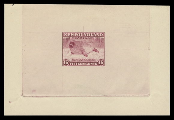 THE AFAB COLLECTION - NEWFOUNDLAND 1897-1947 ISSUES  195,Large Die Proof printed in reddish purple, colour of issue, on white wove unwatermarked paper 103 x 68mm, die sinkage on three sides, penciled "13.7.31" date by engraver on back; the approved state of die with guideline at top, no die number, VF