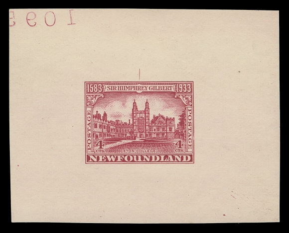 THE AFAB COLLECTION - NEWFOUNDLAND 1897-1947 ISSUES  215,Die Proofs in black and in carmine (colour of issue) on white wove watermarked paper 58 x 46mm and on cream wove unwatermarked paper 67 x 53mm respectively, the latter shows reverse die number "1095" at top, VF