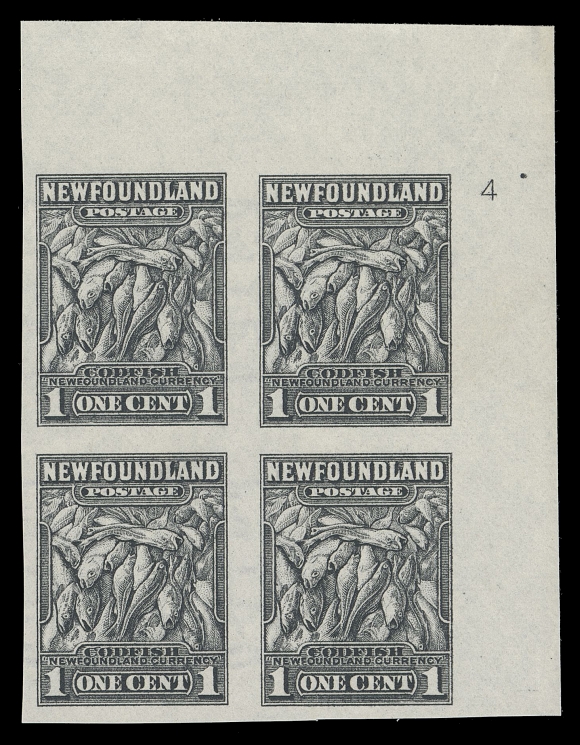 THE AFAB COLLECTION - NEWFOUNDLAND 1897-1947 ISSUES  184c,A plate 4 upper right imperforate block, ungummed as issued, VF and fresh