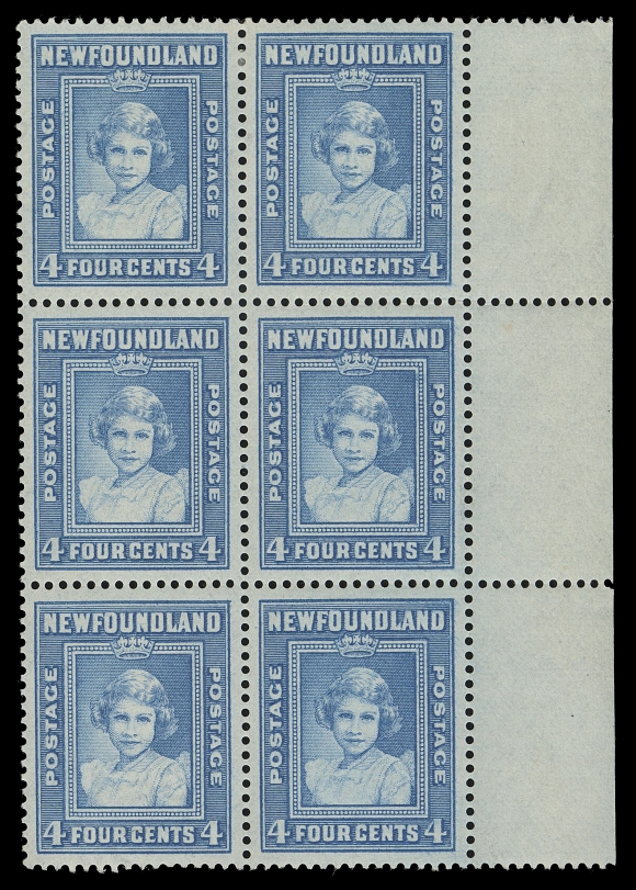 THE AFAB COLLECTION - NEWFOUNDLAND 1897-1947 ISSUES  247ii + variety,A highly unusual mint right sheet margin block of six, only the upper left and lower left stamps are watermarked, the other four stamps are UNWATERMARKED, lower block is NH. The first such multiple - of any Newfoundland issued stamp - that we recall seeing with such a dramatic misplacement of the watermark. A fabulous item for the specialist, VF LH; ex. Graham Cooper (December 2016; Lot 752)