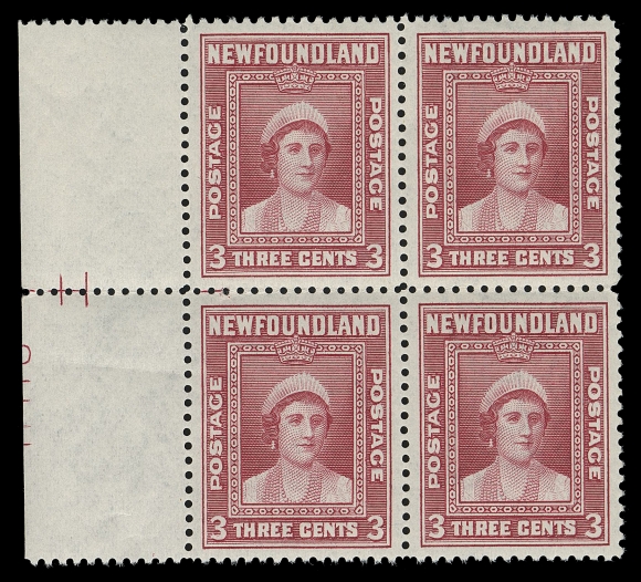 THE AFAB COLLECTION - NEWFOUNDLAND 1897-1947 ISSUES  255iii,An impressive left centre block, left pair is unwatermarked, positional guidelines and portion of plate number show in sheet margin, a rare positional block, VF NH