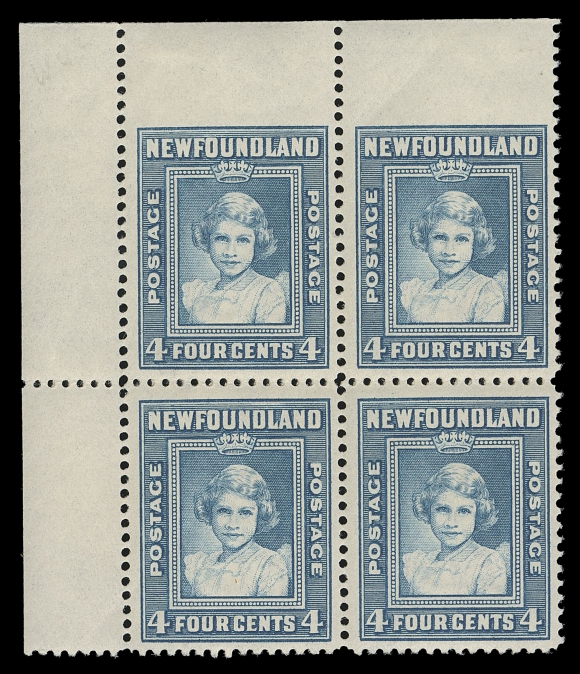 THE AFAB COLLECTION - NEWFOUNDLAND 1897-1947 ISSUES  256iii,A striking upper left mint block imperforate between stamps and top margin, a very rare perforation error and especially attractive as a positional corner block, VF VLH; ex. Graham Cooper (December 2016; Lot 780)
