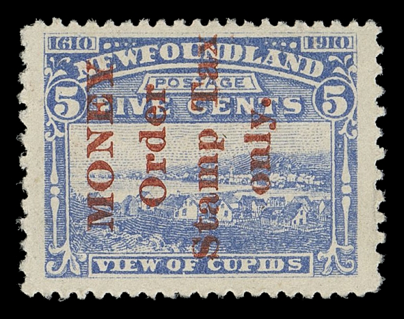 THE AFAB COLLECTION - NEWFOUNDLAND 1897-1947 ISSUES  NFM2,An exceedingly rare used example with four-line "MONEY / Order / Stamp Tax / only." overprint in red SIDEWAYS (reading up) with "MONEY" in capital letters. One of only two examples recorded, VFThese stamps were affixed to documents and were almost invariably uncancelled; photocopy of 1992 Greene Foundation certificate (submitted by renowned revenue collector John Gaudio)