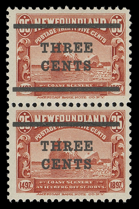 THE AFAB COLLECTION - NEWFOUNDLAND 1897-1947 ISSUES  130a,A nicely centered and fresh mint vertical pair, lower bar COMPLETELY OMITTED (and rare thus) on bottom stamp (Position 15), VF NH