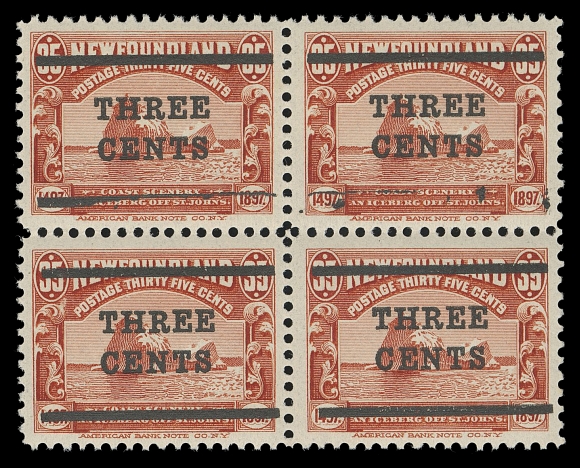 THE AFAB COLLECTION - NEWFOUNDLAND 1897-1947 ISSUES  130a,Post office fresh, well centered mint block of four with partial and missing lower bars on top pair (Position 14 and 15), VF+ NH