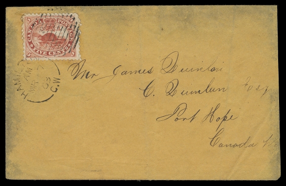 THE AFAB COLLECTION - CANADA  1863 (March 7) Orange cover bearing a large margined 5c vermilion perf 11¾x12, well centered and showing prominently the "Log in  Waterfall" plate variety (Pos 50; State 3), shortly-lived as the variety was quickly corrected, tied by Hamilton duplex datestamp  well clear of the variety, mailed to Port Hope with receiver backstamp, slightly reduced at right, some ageing at edges and folds away from stamp, F-VF (Unitrade 15vi;  cat. $1,250 for the stamp) ex. Art Leggett (Cents Issue exhibit - private sale)