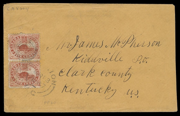 THE AFAB COLLECTION - CANADA  1867 (March 13) Orange cover to Kiddville, Kentucky, bearing a vertical pair of 5c vermilion, perf 12, lower stamp shows the elusive "Rock in Waterfall" (Pos. 54; State 9) plate variety, both stamps slightly soiled, cancelled by light concentric rings, lower stamp further tied by partly legible double arc dispatch with clear MR 13 1867 date - the earliest observed date of this variety according to Whitworth handbook. An important cover with the sought-after "Rock in Waterfall" variety, Fine (Unitrade 15vii) 