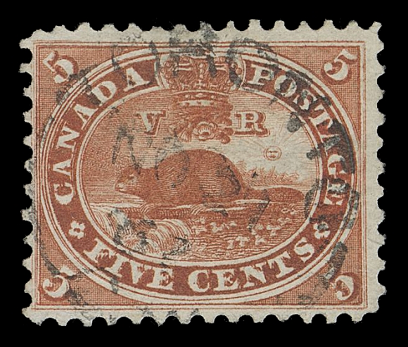 THE AFAB COLLECTION - CANADA  15v,A quite well centered single with perforations well clear on three sides, showing the Major Re-entry (Pos. 28; State 10), with bold impression and deeper shade really accentuating the strong doubling throughout the design, socked-on-nose Toronto NO 21 67 split ring in upright position. A very early date (Whitworth earliest observed date is Nov. 19), a great stamp for the specialist, VF; ex. Dale-Lichtenstein (Sale 7, January 1970; Lot 980)