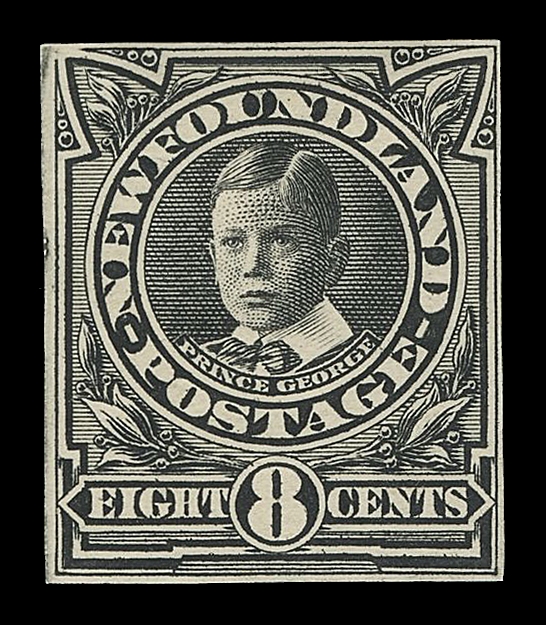 THE AFAB COLLECTION - NEWFOUNDLAND 1897-1947 ISSUES 109/114,6c, 8c, 9c, 12c & 15c Engraved Die Proofs by Macdonald & Co., printed in deep black, stamp size, on thick wove paper; also included are plate proof singles of the same denominations on distinctive bright white card. An extremely rare set of Macdonald & Co. die proofs, VF; 6c with 2012 Greene Foundation cert.
The other values of this set, namely the 1c, 2c, 3c, 4c, 5c & 10c, were engraved and printed by De La Rue & Co.