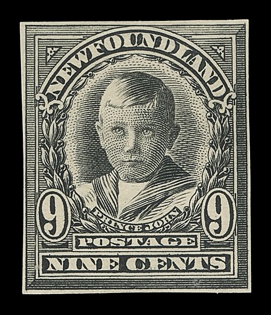 THE AFAB COLLECTION - NEWFOUNDLAND 1897-1947 ISSUES  109/114,6c, 8c, 9c, 12c & 15c Engraved Die Proofs by Macdonald & Co., printed in deep black, stamp size, on thick wove paper; also included are plate proof singles of the same denominations on distinctive bright white card. An extremely rare set of Macdonald & Co. die proofs, VF; 6c with 2012 Greene Foundation cert.The other values of this set, namely the 1c, 2c, 3c, 4c, 5c & 10c, were engraved and printed by De La Rue & Co.