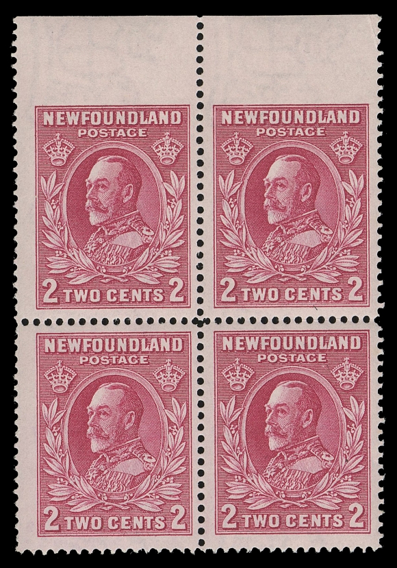 THE AFAB COLLECTION - NEWFOUNDLAND 1897-1947 ISSUES  185,Two fresh mint booklet panes of four, each imperforate horizontally between stamps and tab margin at top, one pane additionally shows TRIPLE horizontal perforations between rows, scarce, VF NH (Unitrade 185bi, 185biii)