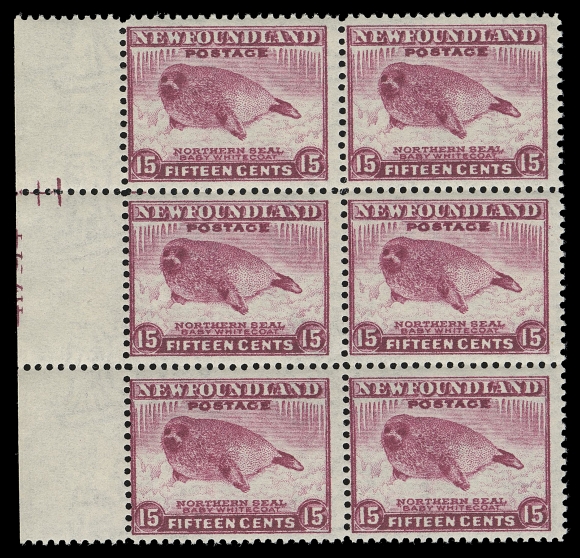 THE AFAB COLLECTION - NEWFOUNDLAND 1897-1947 ISSUES  262 variety,Left centre margin mint block showing guidelines and part plate number "41794", printed in distinctive rose violet Aniline Ink variety (only one sheet printed). The only known positional plate block of the 15c on Aniline Ink, a great showpiece, Fine+ NH