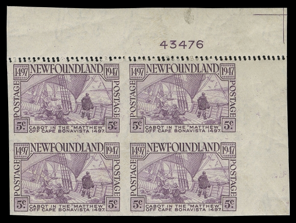 THE AFAB COLLECTION - NEWFOUNDLAND 1897-1947 ISSUES  270b + variety,Upper right mint plate "43476" block of four showing a double row of horizontal perforations at top, minor gum wrinkling as always the case with this stamp; visually striking, VF NH