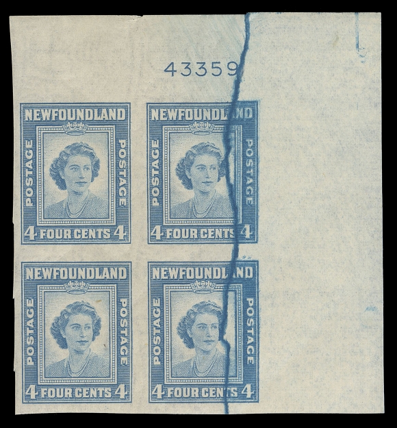 THE AFAB COLLECTION - NEWFOUNDLAND 1897-1947 ISSUES  269a, variety,Upper right mint imperforate block of four, plate "43359", Major Printing Variety - a bold irregular ink line clearly marking where two different paper rolls were joined together. An impressive block, VF NH
