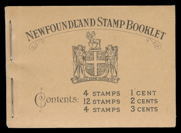 THE AFAB COLLECTION - NEWFOUNDLAND 1897-1947 ISSUES  BK3,Complete booklet with all five panes line perf 14 (small perf holes) - 1c grey black, 2c green Die I (3) and 3c orange brown, all well centered and fresh mint NH, with all advertising interleaves; front cover with light crease near staple line, VF