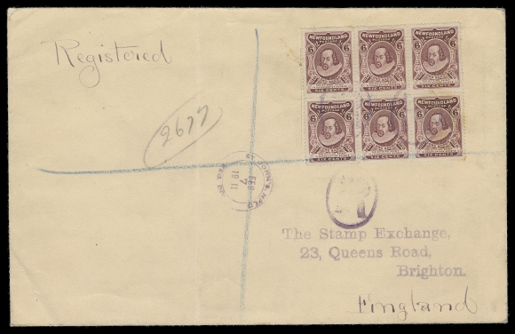 THE AFAB COLLECTION - NEWFOUNDLAND 1897-1947 ISSUES  1911 (February 7) Cover bearing a block of six of 6c Lord Bacon, cancelled by light oval "R" registration handstamps in violet, additional strike below and same-ink double ring St. John