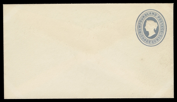 THE AFAB COLLECTION - NEWFOUNDLAND 1897-1947 ISSUES  1889 3c Embossed, watermarked postal envelope 140 x 79mm, printed in pale blue instead of the issued violet, unused with gummed  flap - of proof status according to accompanying 2014 RPS of  London certificate. Most unusual and visually striking, VF  (Unlisted in Webb stationery catalogue; Walsh EN2d)