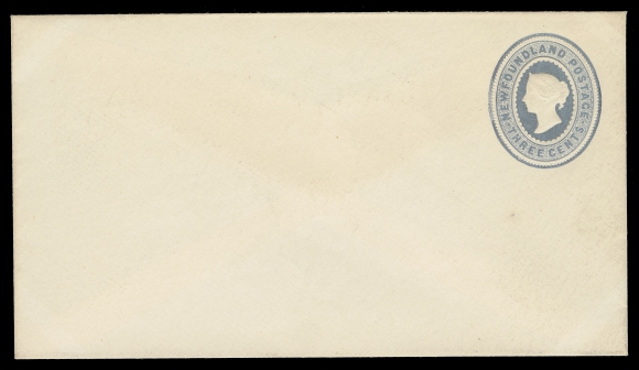THE AFAB COLLECTION - NEWFOUNDLAND 1897-1947 ISSUES 1889 3c Embossed, watermarked postal envelope 140 x 79mm, printed in pale blue instead of the issued violet, unused with gummed flap - of proof status according to accompanying 2014 RPS of London certificate. Most unusual and visually striking, VF (Unlisted in Webb stationery catalogue; Walsh EN2d)